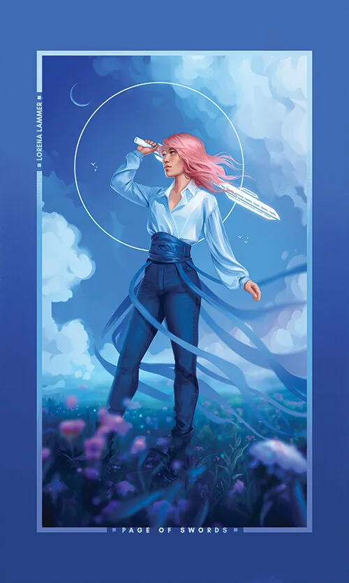 Page of Swords card from the Chromatic Fates Tarot deck