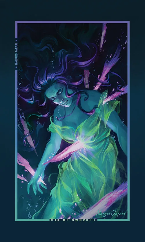 Nine of Swords card from the Chromatic Fates Tarot deck