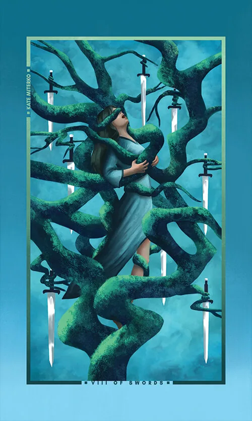 Eight of Swords card from the Chromatic Fates Tarot deck