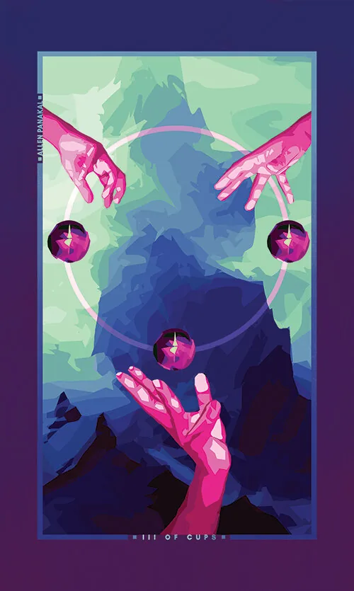 Three of Cups card from the Chromatic Fates Tarot deck