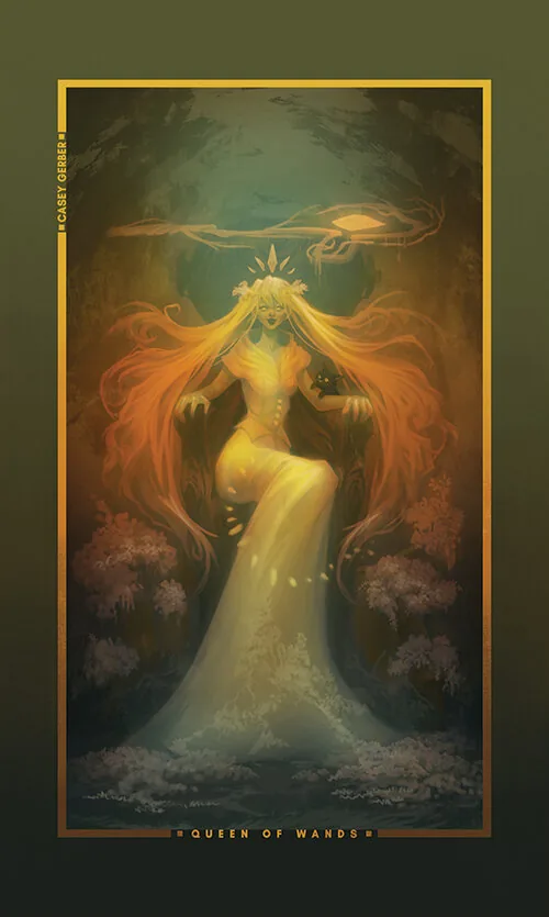 Queen of Wands card from the Chromatic Fates Tarot deck