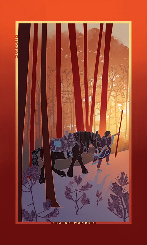 Nine of Wands card from the Chromatic Fates Tarot deck