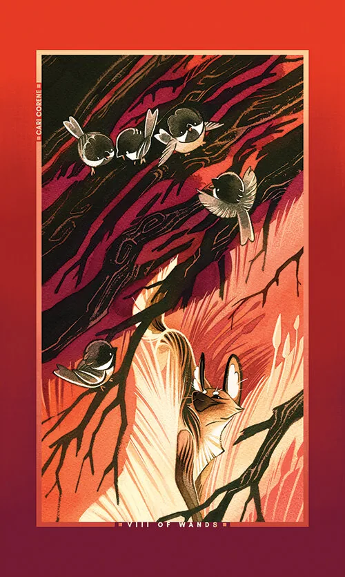Eight of Wands card from the Chromatic Fates Tarot deck