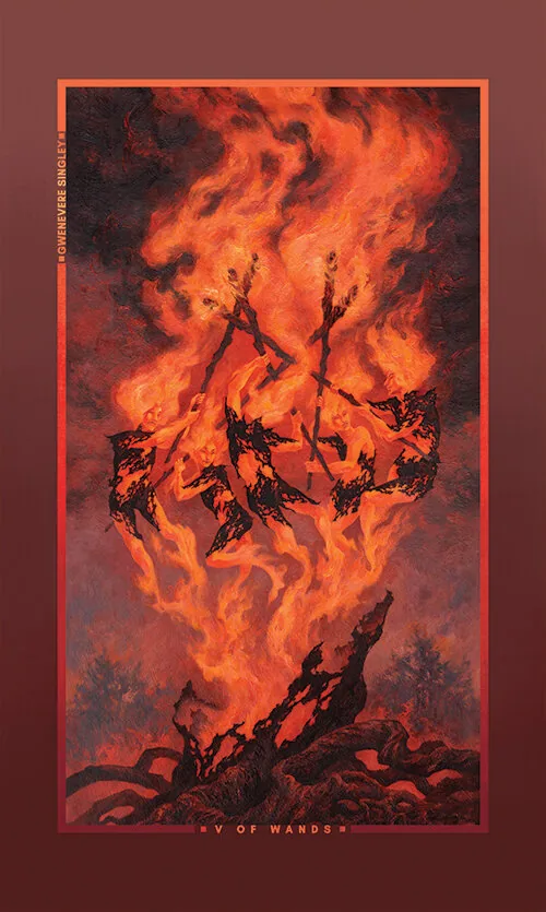 Five of Wands card from the Chromatic Fates Tarot deck