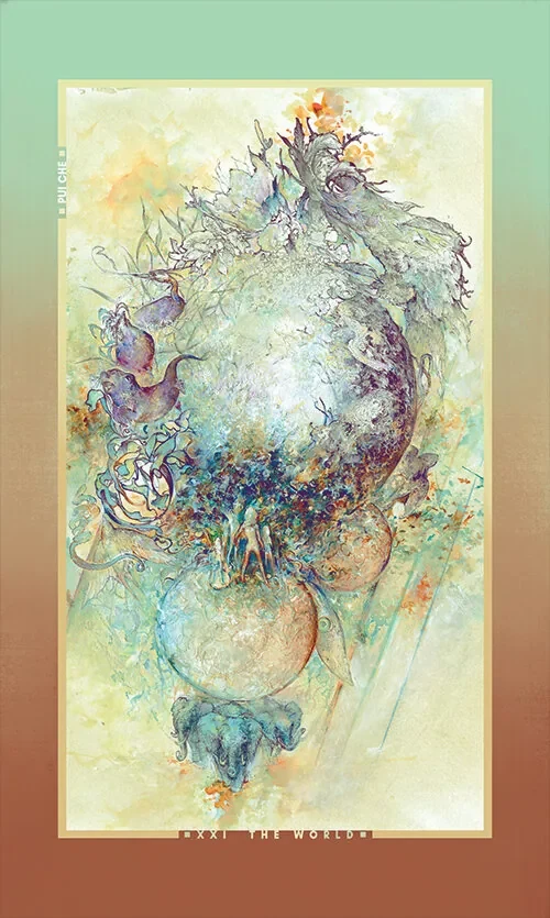 A swirling pale world-wreath artwork from the Chromatic Fates Tarot.