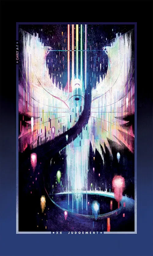 A luminous Judgement card with a rising figure and rainbow light in the Chromatic Fates Tarot.