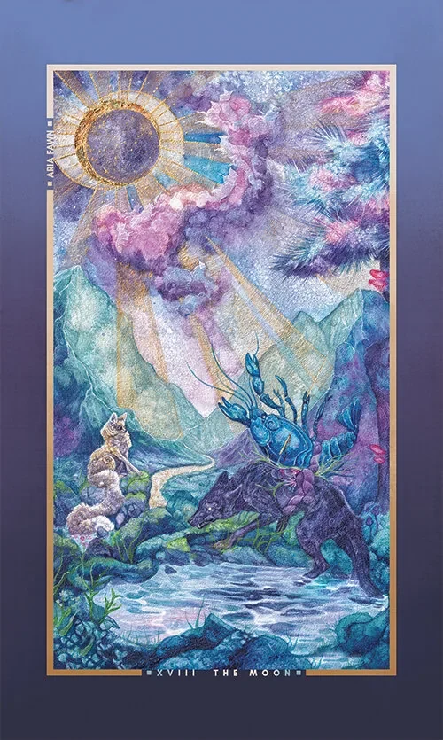 A moonlit river landscape for The Moon card in soft blues and violet shadows.
