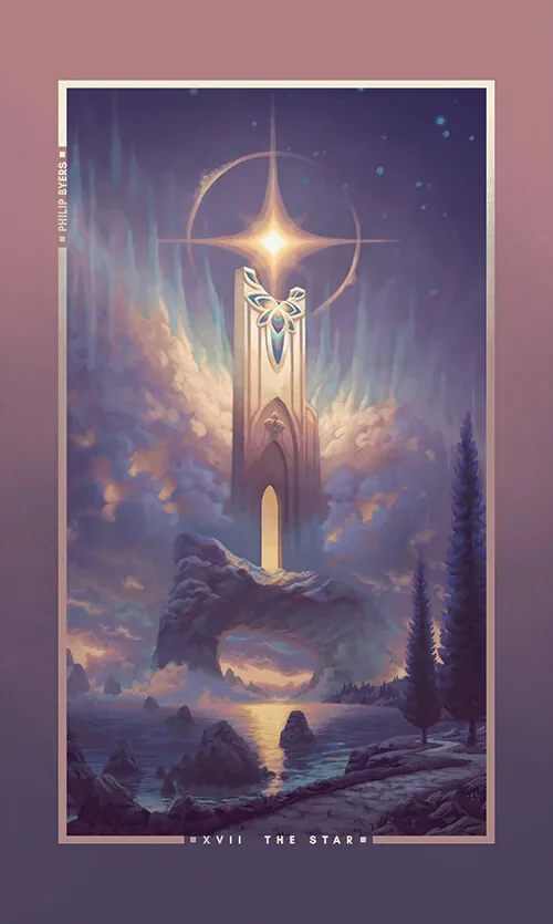 A glowing Star card with a bright celestial tower above a quiet night landscape.