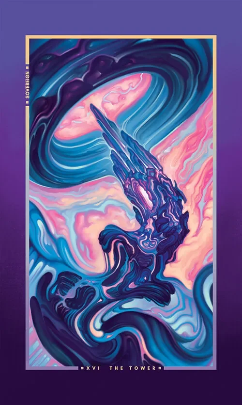 A vivid purple and pink Tower card with dramatic cosmic motion.