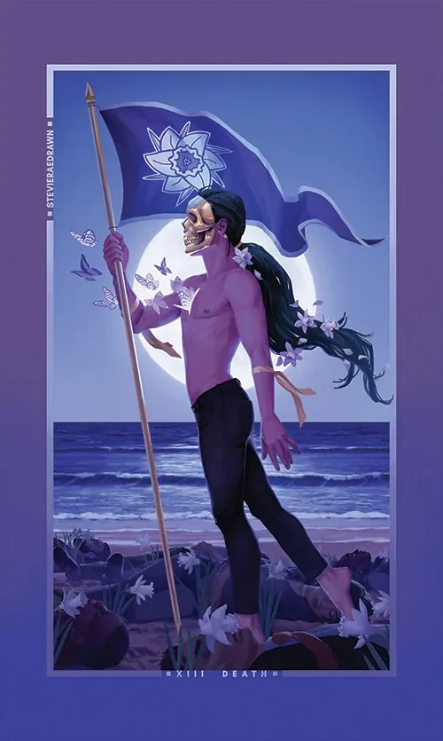 The Death card shown as a seaside figure with a dark flag and white flowers.