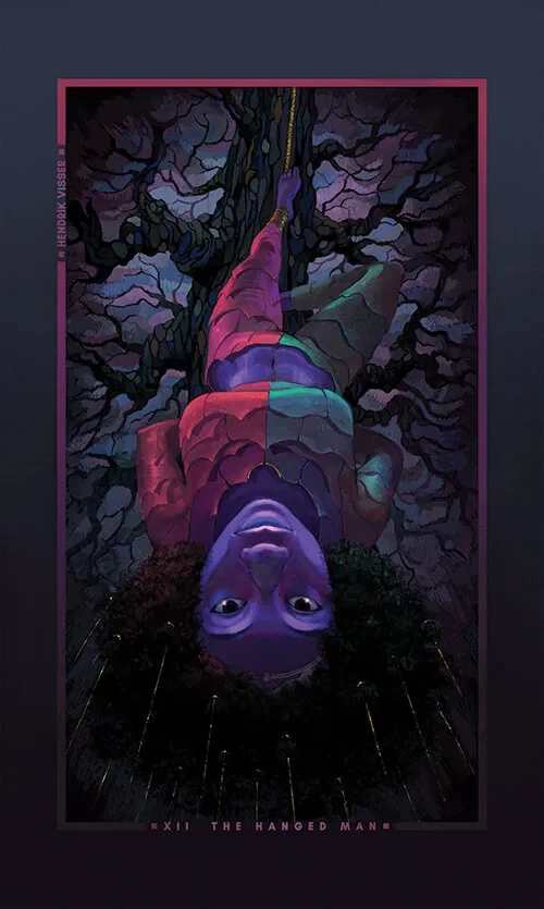 An upside-down Hanged Man card in moody violet forest tones.