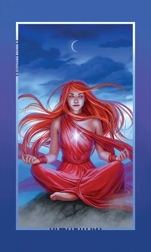 A red-haired Hermit card with a staff, crescent moon, and deep blue night sky.