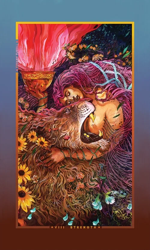 The Strength card with a resting lion, flowers, and warm glowing colors.