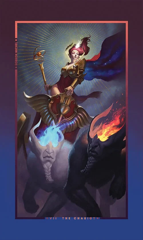 A bold Chariot card with a rider, horses, and fiery blue energy.