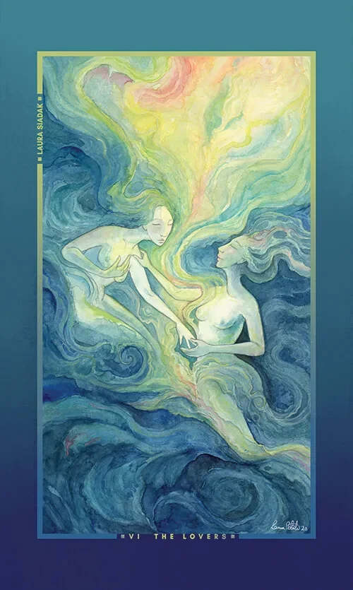 The Lovers card with two pale figures floating in blue-green water and air.
