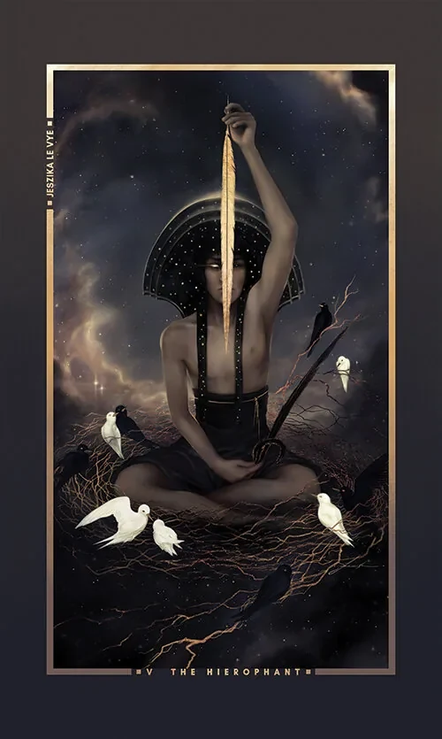 The Hierophant card with a quiet seated figure, birds, and a dark ritual mood.