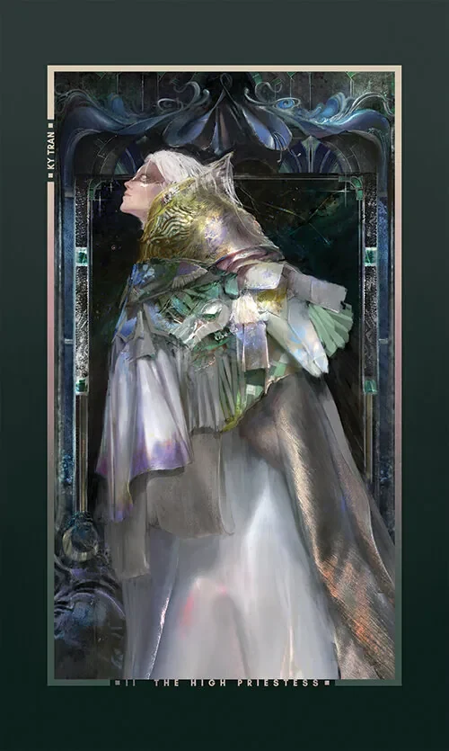 The High Priestess card with a veiled white figure and cool green shadows.