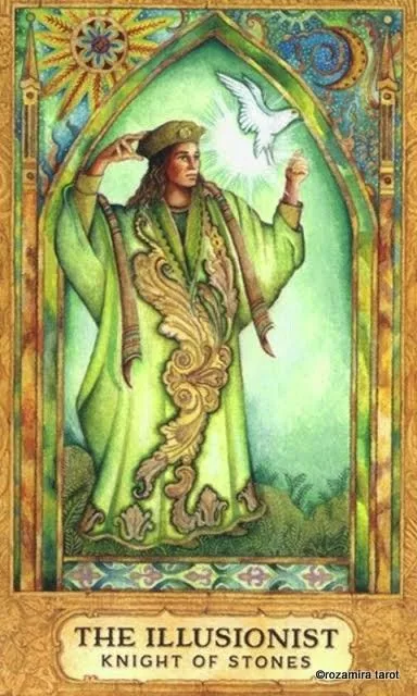 The Illusionist — Knight of Stones card from the Chrysalis Tarot deck