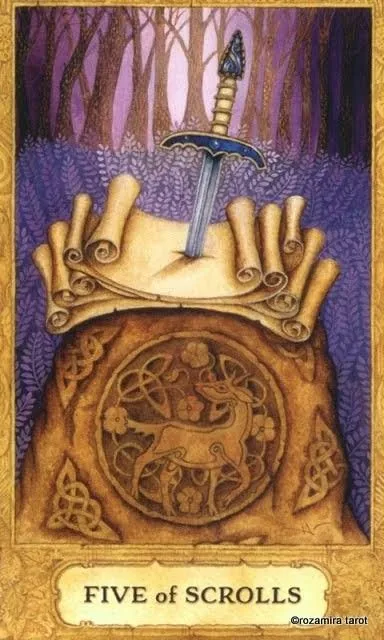 Five of Scrolls card from the Chrysalis Tarot deck