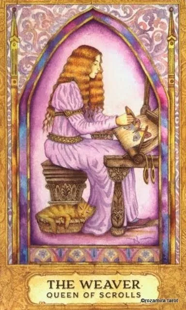 The Weaver — Queen of Scrolls card from the Chrysalis Tarot deck