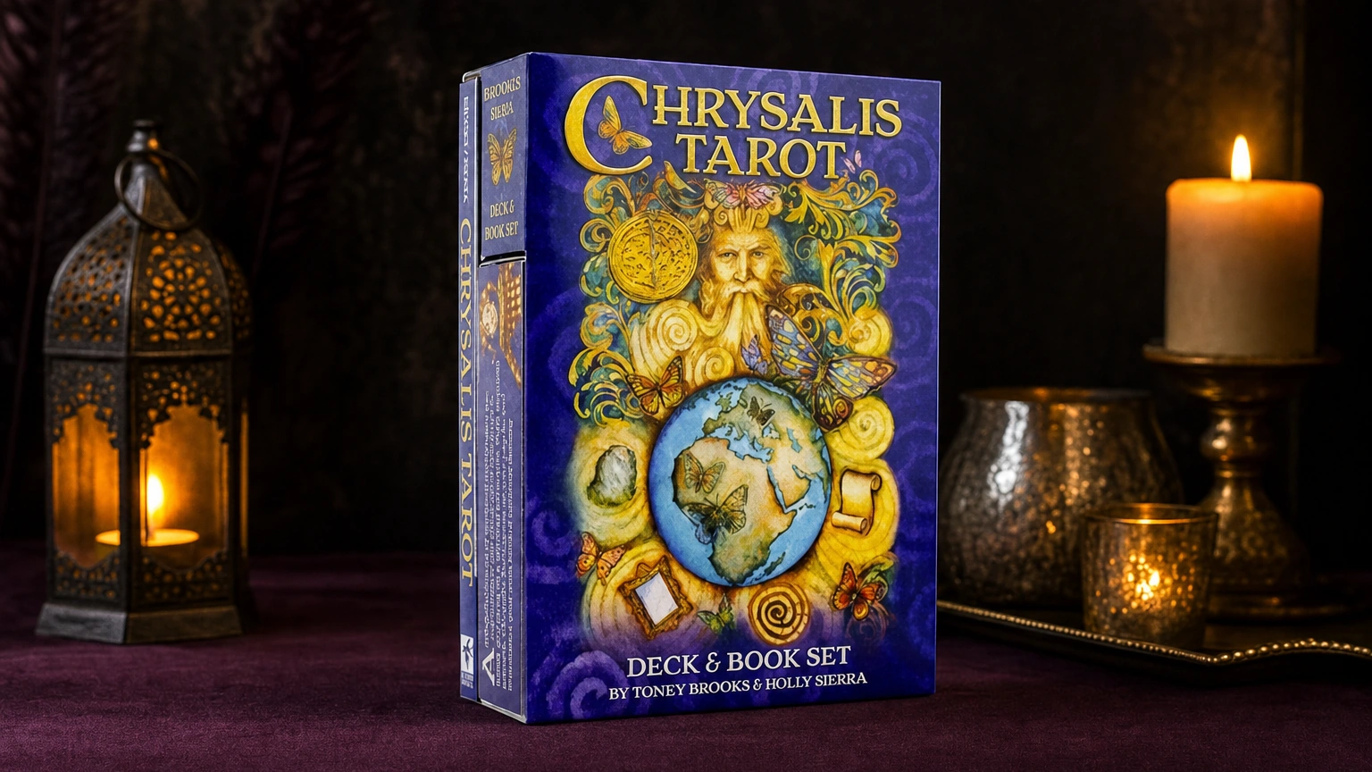 Chrysalis Tarot deck and book set product box lifestyle photo