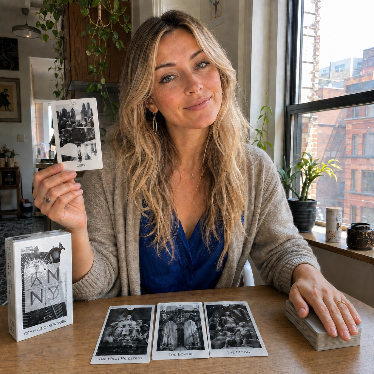Aurica holding the Ace of Cups while reading City Mystic New York Tarot beside its box, three face-up cards, and stacked deck