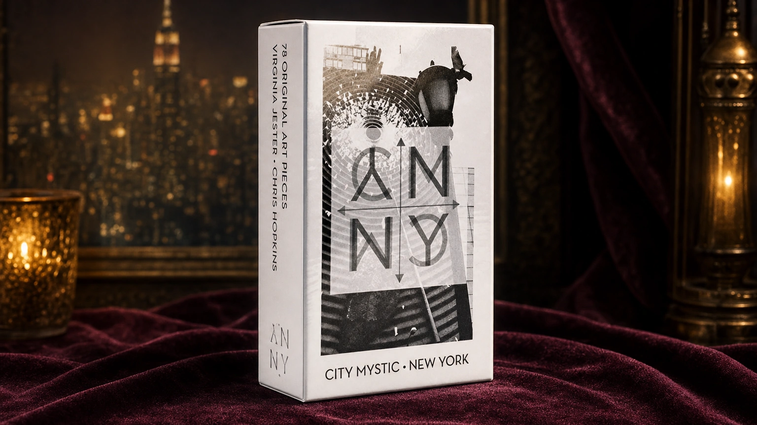City Mystic New York Tarot product box on a plum and gold TarotFans background