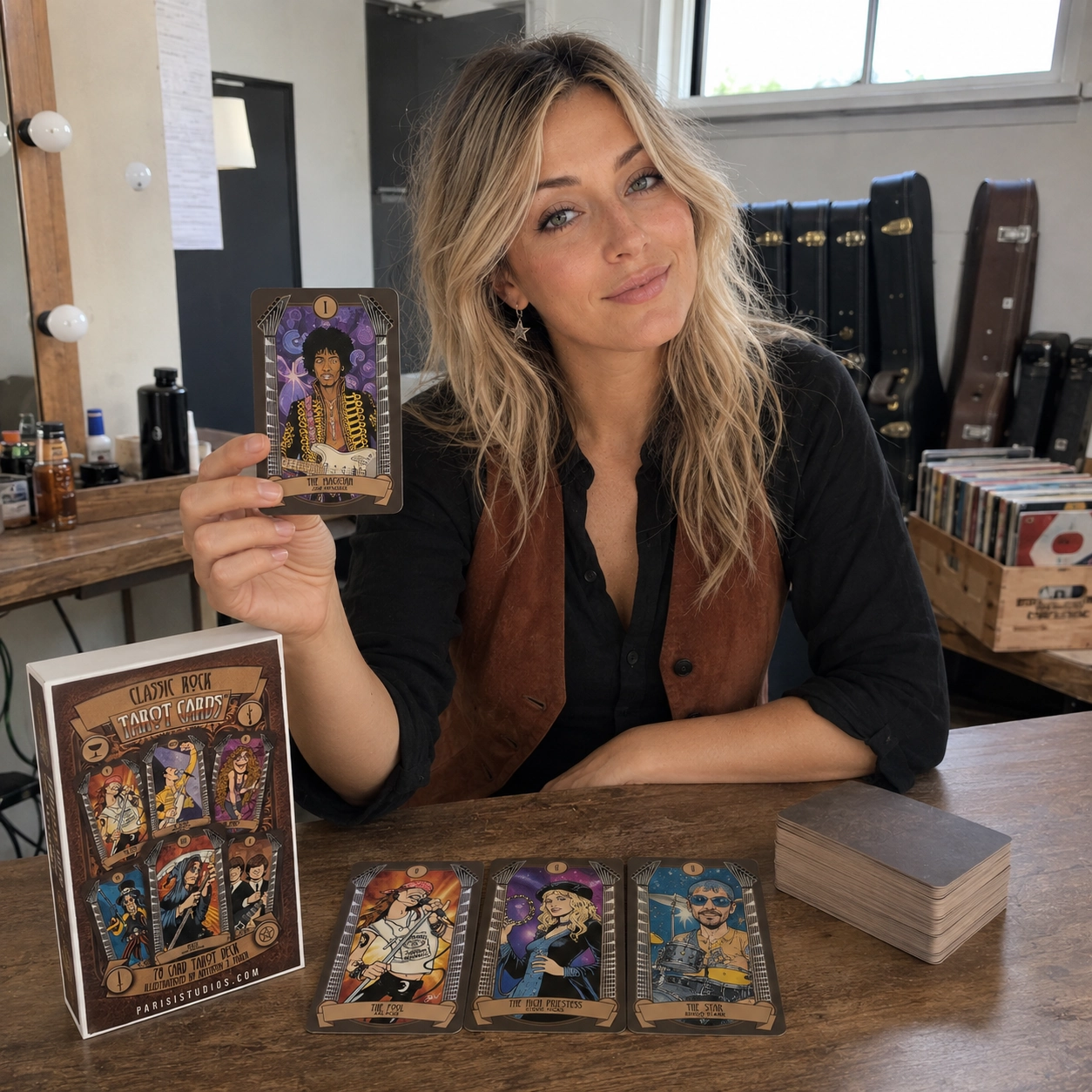 Aurica holding The Magician while reading Classic Rock Tarot beside its box, three face-up cards, and stacked deck