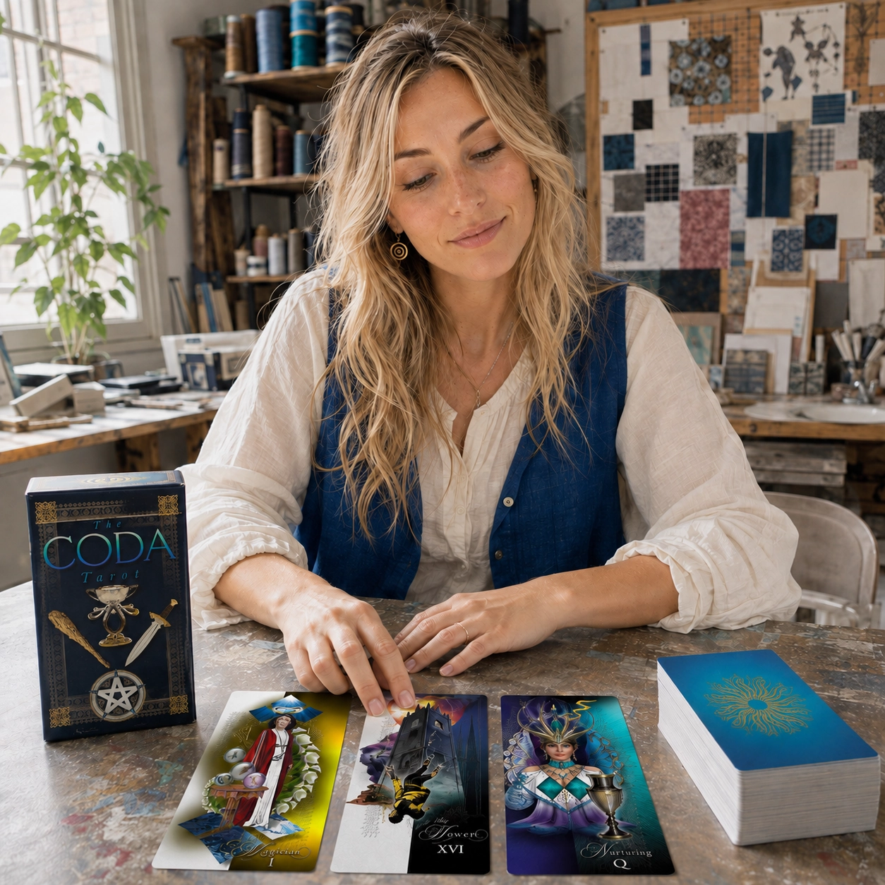 Aurica arranging The Magician, The Tower, and Queen of Cups from Coda Tarot beside its box and stacked deck
