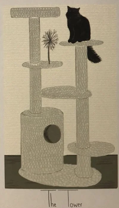 The Tower card from the Considerate Cat Tarot deck