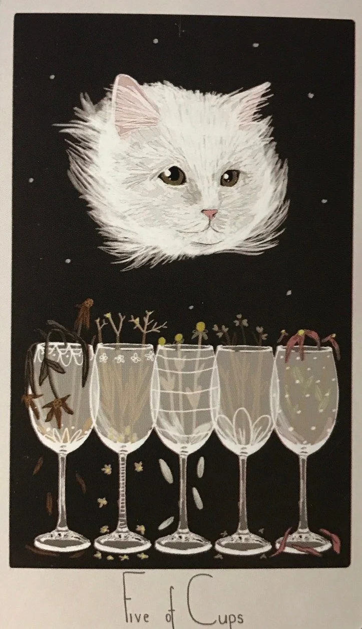5 of Cups card from the Considerate Cat Tarot deck