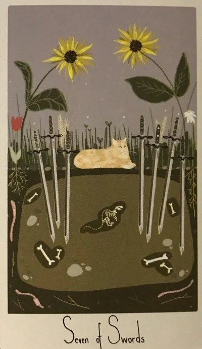 7 of Swords card from the Considerate Cat Tarot deck