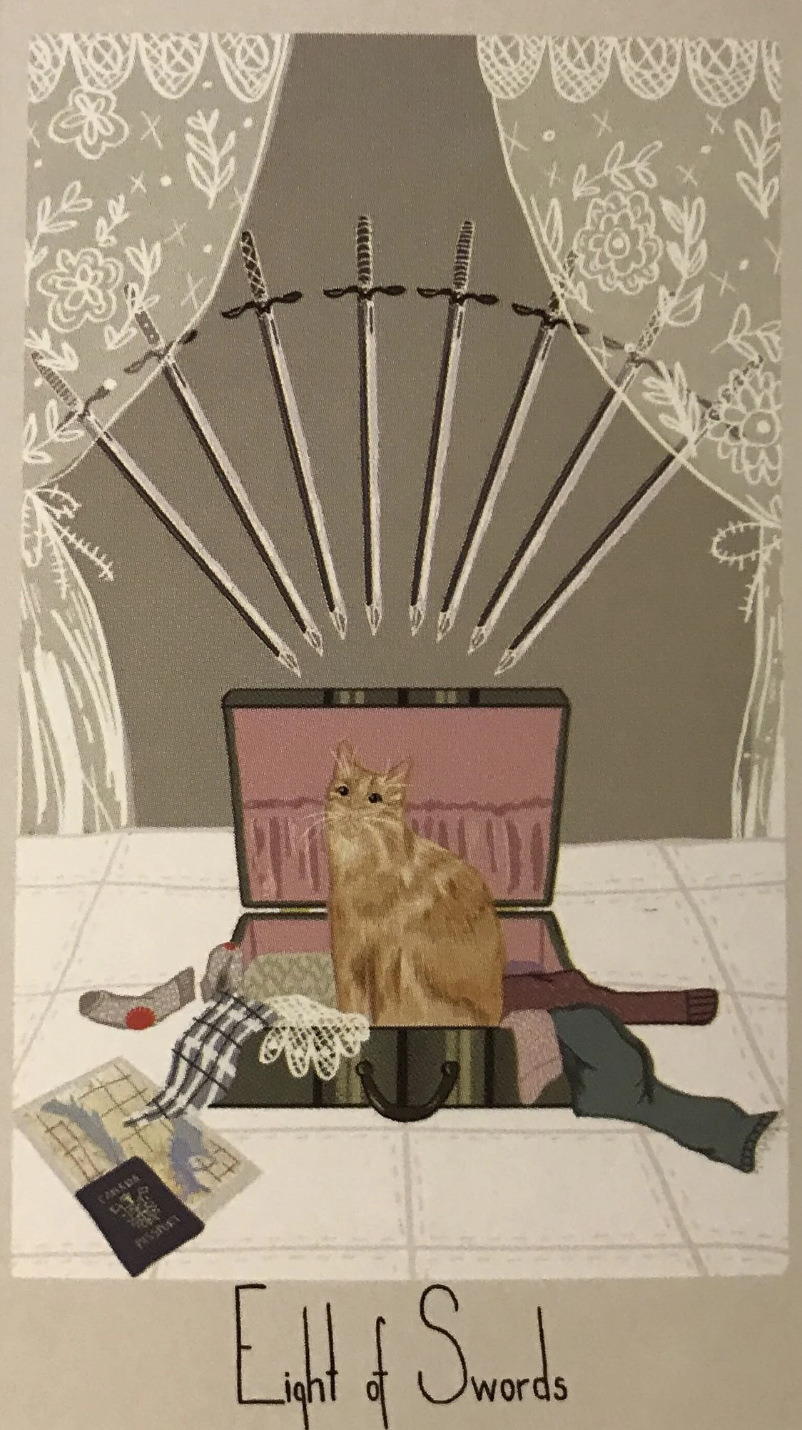 8 of Swords card from the Considerate Cat Tarot deck