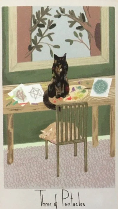 3 of Pentacles card from the Considerate Cat Tarot deck