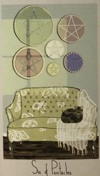 6 of Pentacles card from the Considerate Cat Tarot deck