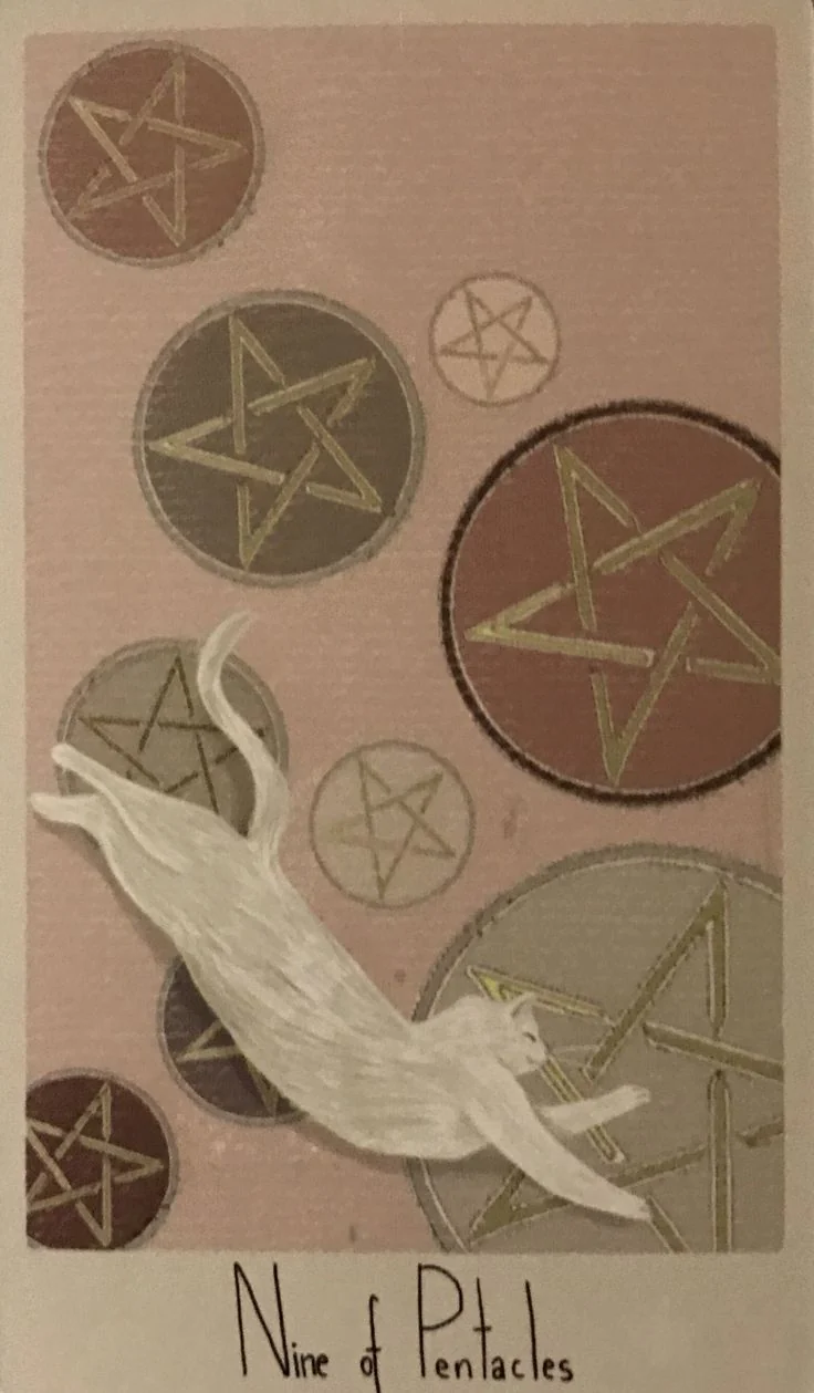 9 of Pentacles card from the Considerate Cat Tarot deck