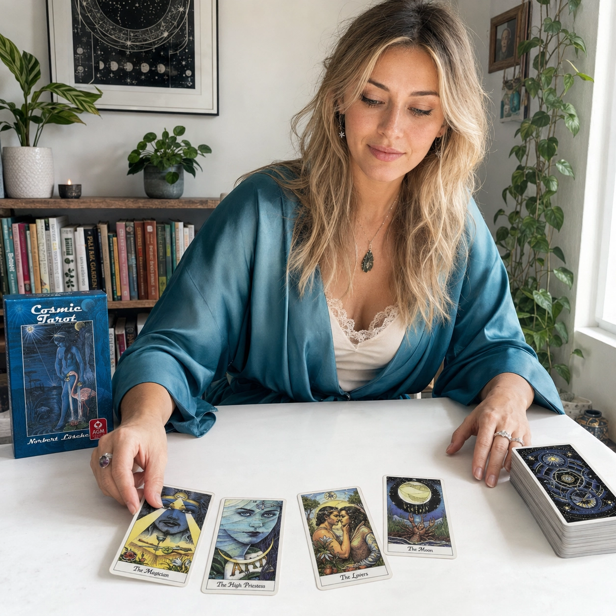 Aurica arranging Cosmic Tarot cards beside the deck box and a stacked remainder deck