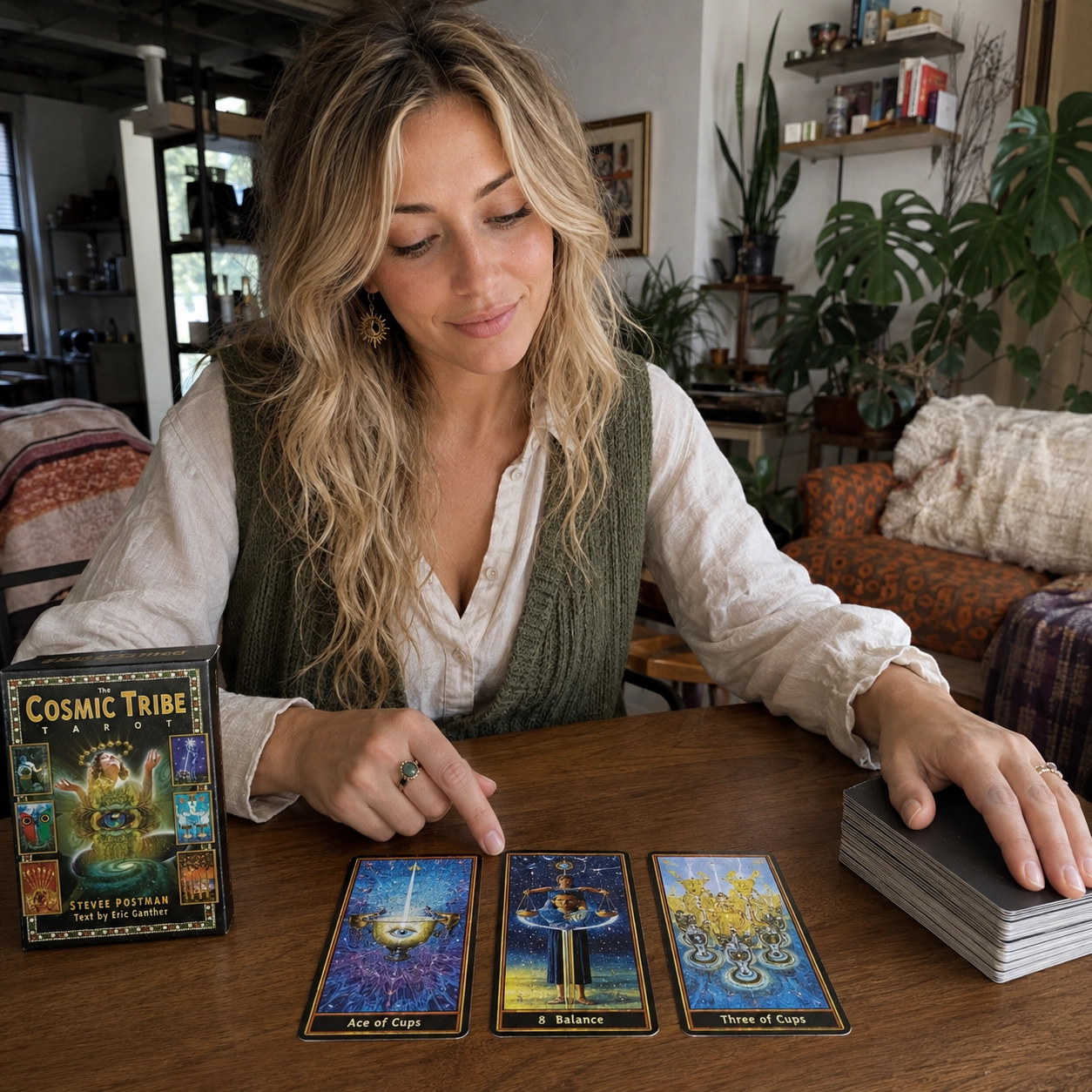 Aurica reading Cosmic Tribe Tarot beside its box, three face-up cards, and a stacked remainder deck