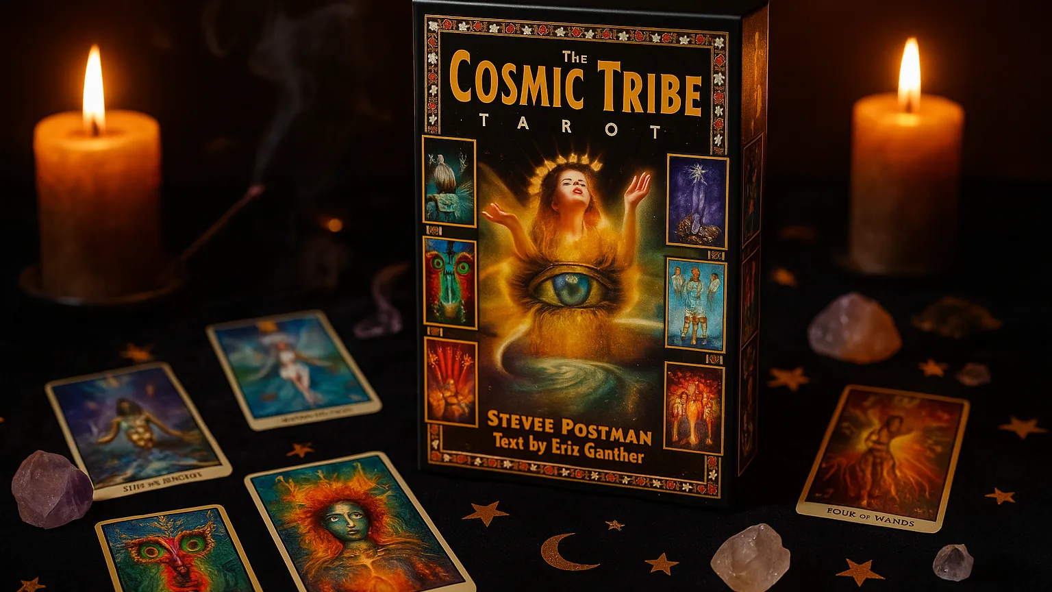 Cosmic Tribe Tarot final review CTA image Cosmic Tribe Tarot deck box on a dramatic candlelit tarot table with cards, crystals, and cosmic accents
