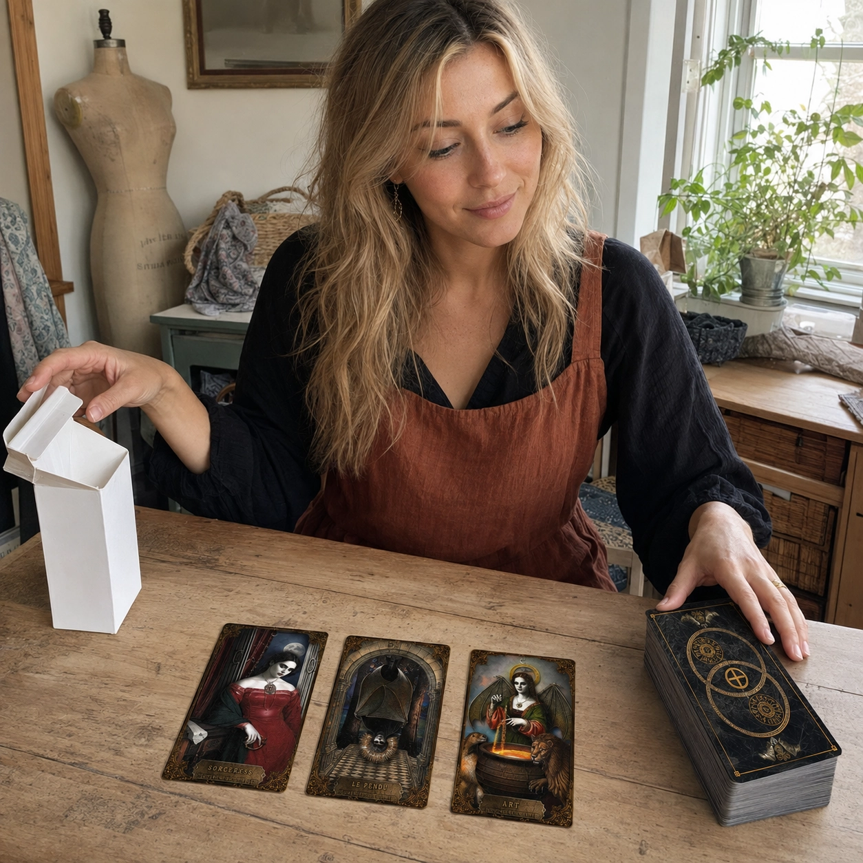 Aurica opening Crooked Way Gothic Tarot beside the Sorceress, Le Pendu and Art cards and a stacked deck