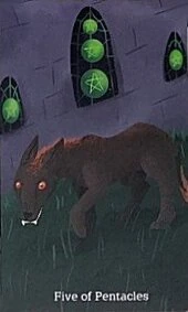Five of Pentacles card from the Cryptid Tarot deck