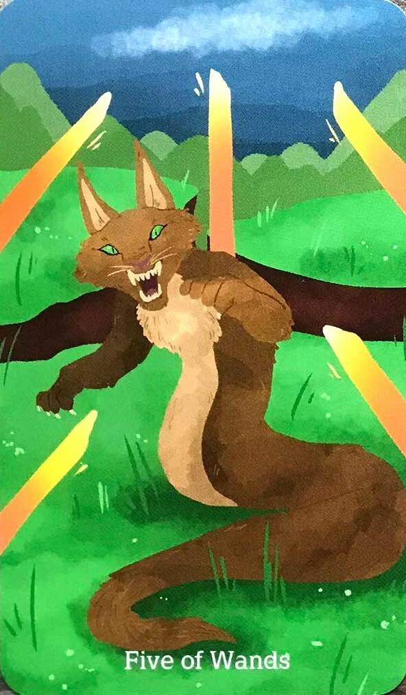 Five of Wands card from the Cryptid Tarot deck