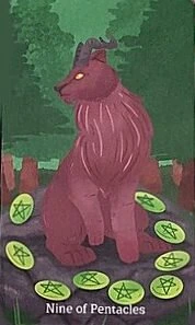 Nine of Pentacles card from the Cryptid Tarot deck