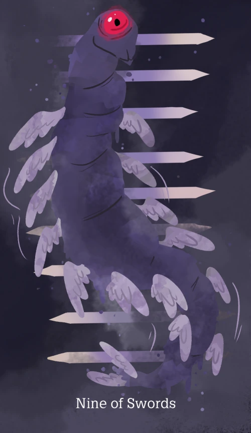 Nine of Swords card from the Cryptid Tarot deck