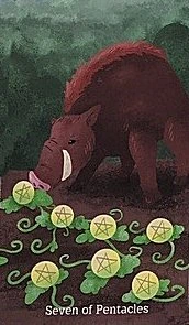 Seven of Pentacles card from the Cryptid Tarot deck