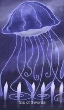 Six of Swords card from the Cryptid Tarot deck