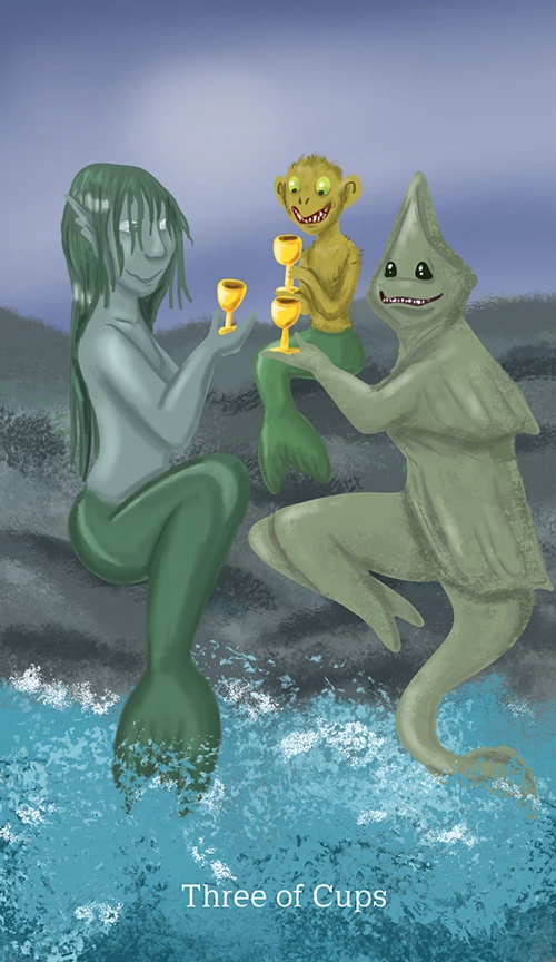 Three of Cups card from the Cryptid Tarot deck