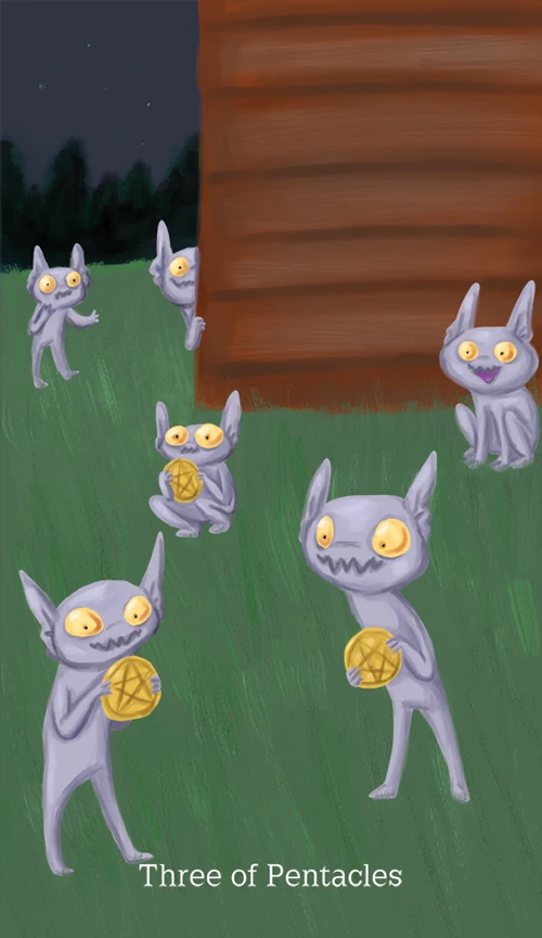 Three of Pentacles card from the Cryptid Tarot deck