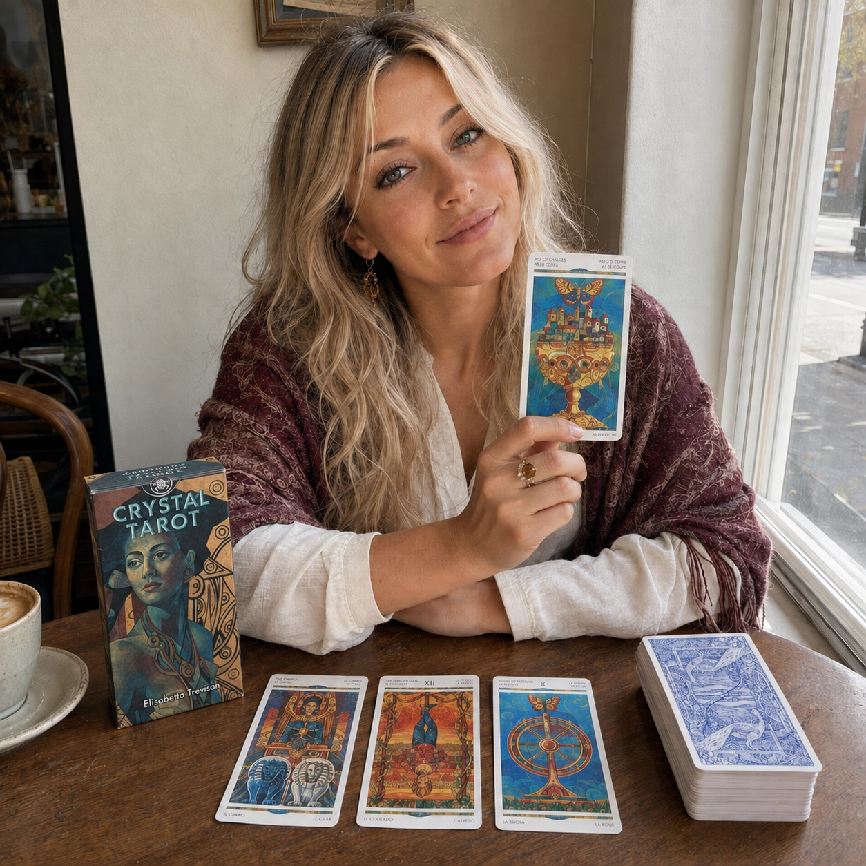 Aurica presenting the Ace of Cups from Crystal Tarot beside its box, a three-card spread, and the stacked deck