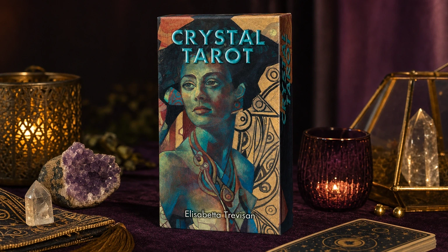 Crystal Tarot Deck by Elisabetta Trevisan Crystal Tarot Deck by Elisabetta Trevisan in a generated plum-and-gold reading setting